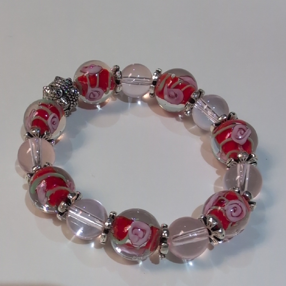 Handmade Red and Pink Floral Glass Bead Stretch Bracelet Fits 6.5" Wrist